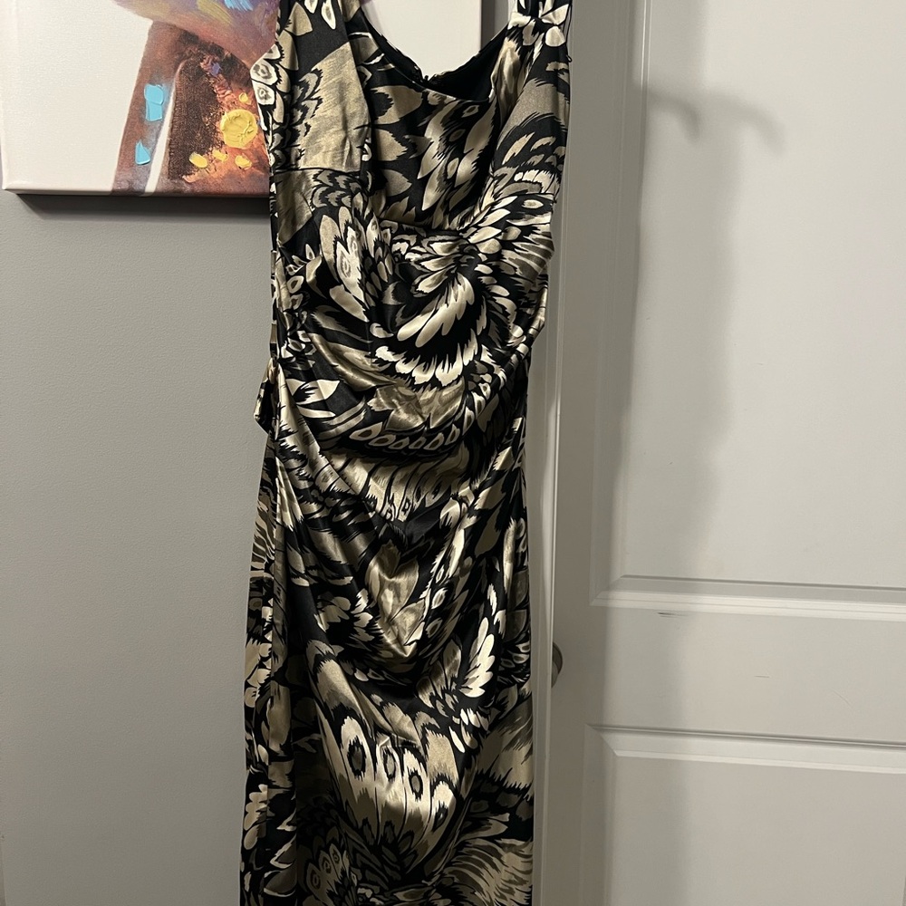 Black and taupe ruched midi dress